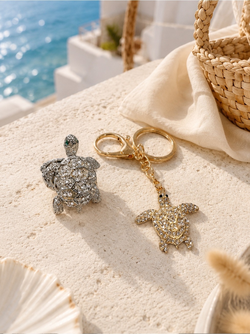 2 piece bundle lot stretchy turtle ring- purse bag charm Keychain bling gift